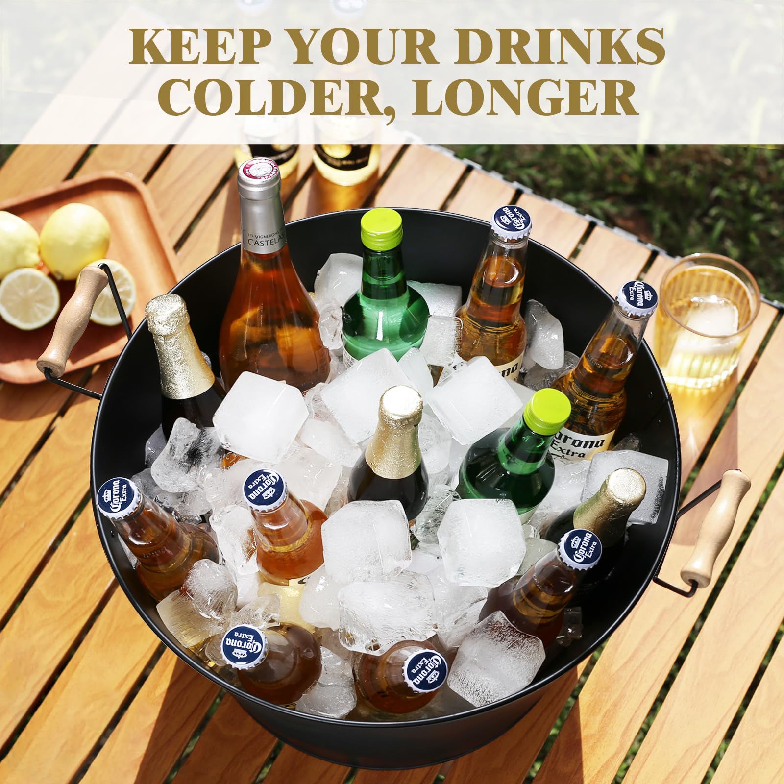 iHoo galvanized ice bucket resists rust, ideal for hours of chilling.