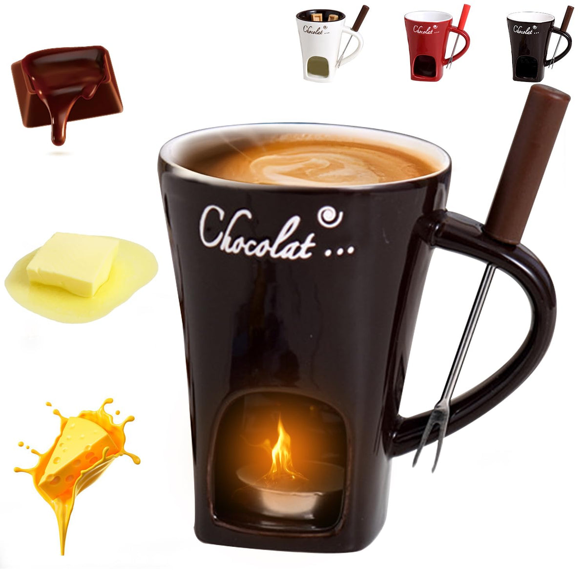 Iiglitch chocolate fondue mug with fork for elegant date-night dipping.