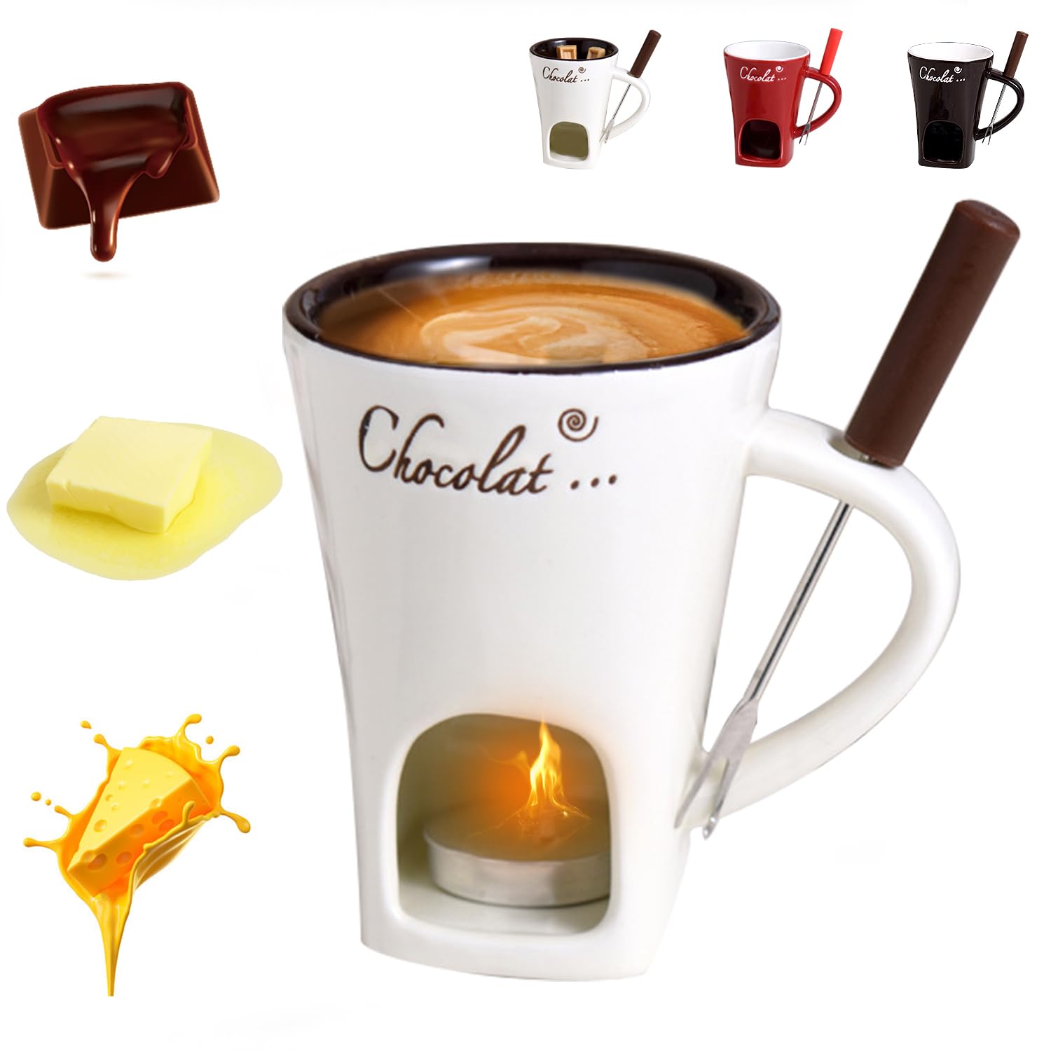 Iiglitch chocolate fondue mug with fork ready for date night dipping.