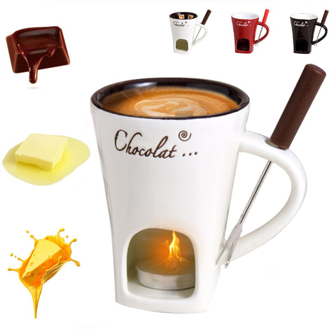 Iiglitch chocolate fondue mug with fork ready for date night dipping.
