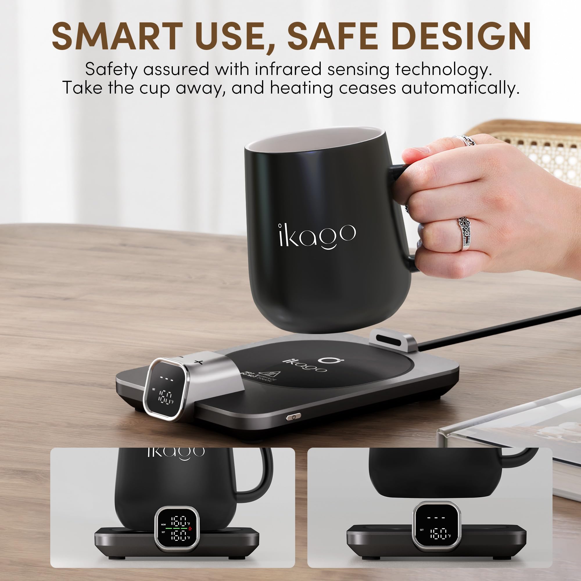 Ikago mug warmer infrared sensors enable safe auto shut-off when idle.