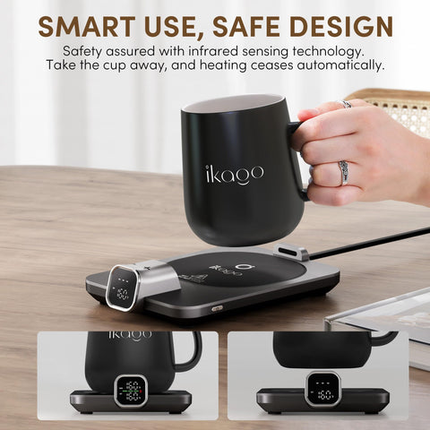 Ikago mug warmer infrared sensors enable safe auto shut-off when idle.