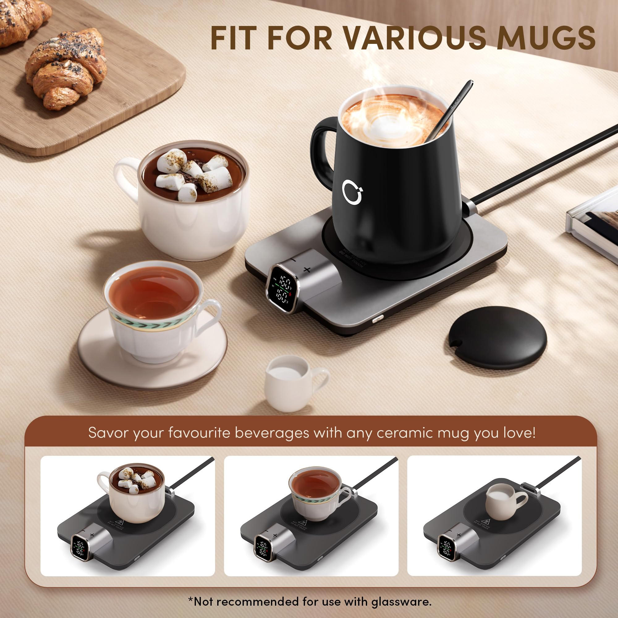 Ikago mug warmer includes lid and stirring spoon for convenient beverages.