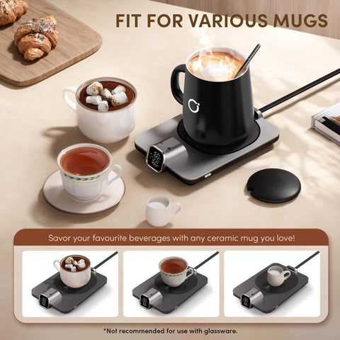 Ikago mug warmer includes lid and stirring spoon for convenient beverages.