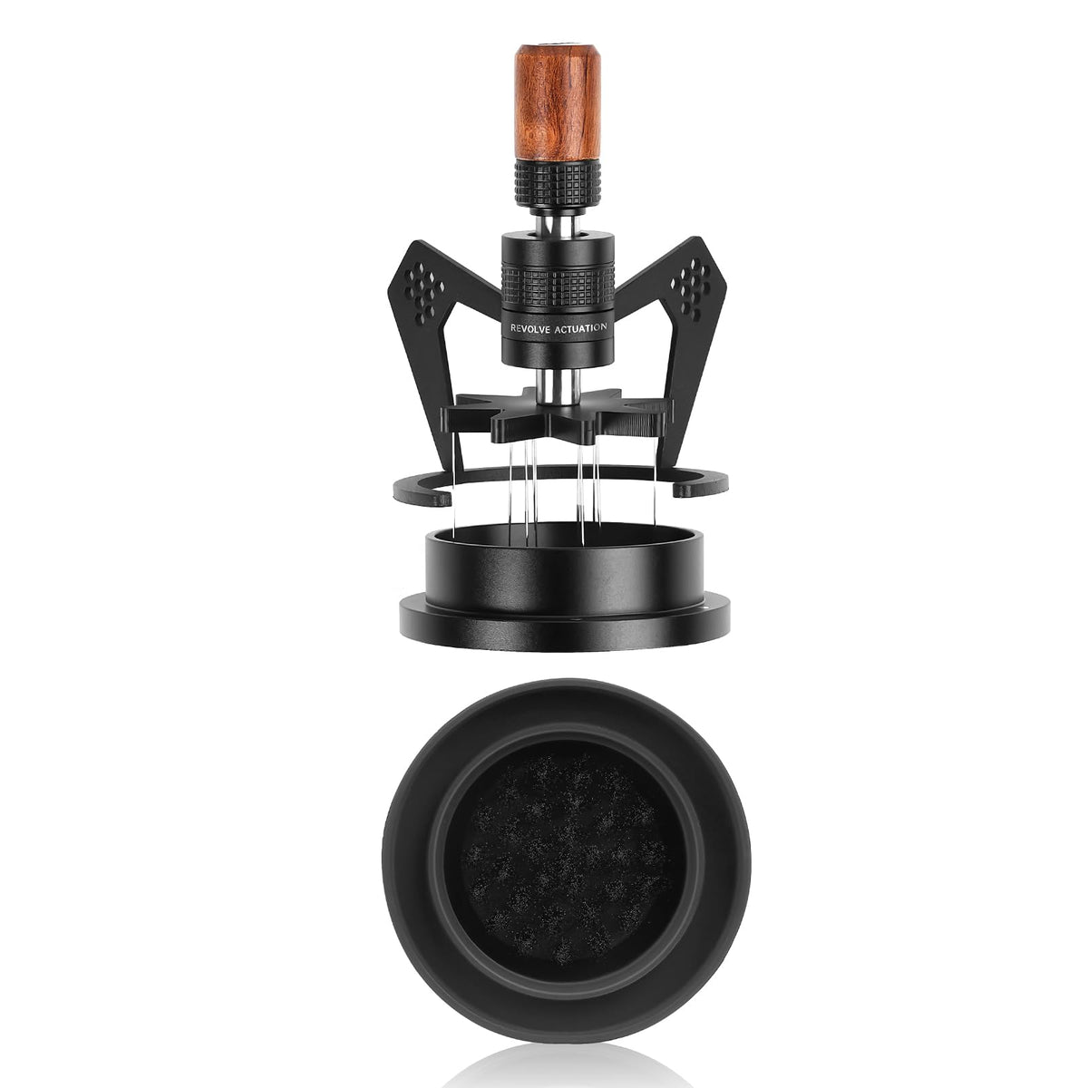 IKAPE Mantis WDT tool with walnut handle for precise coffee distribution.