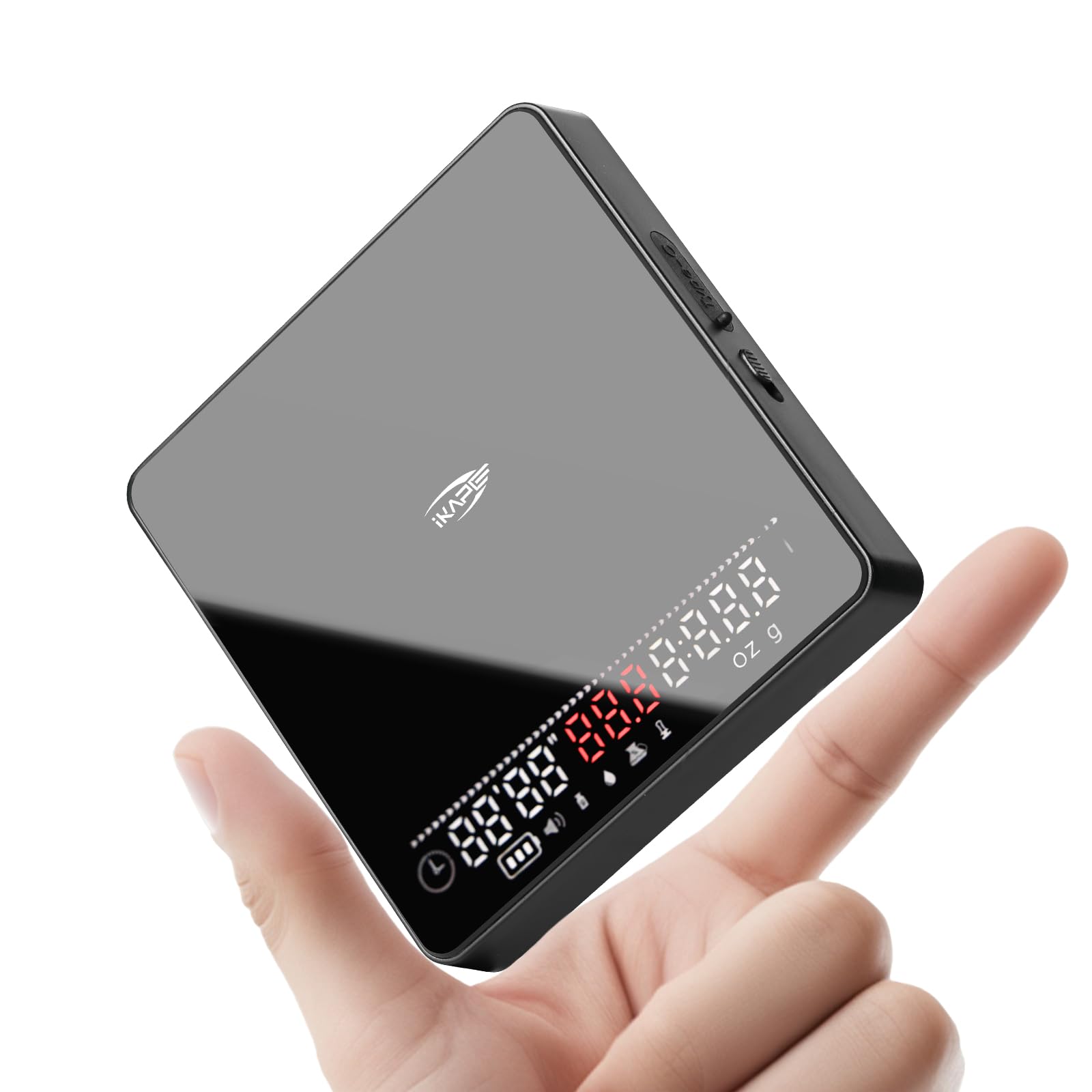 IKAPE professional coffee scale displays espresso mode with a bright LED readout for precise timing.