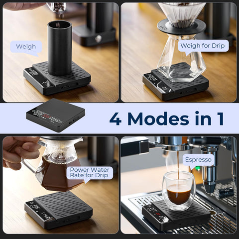 IKAPE coffee scale in pour-over weighing mode with auto-tare for consistent water weight.