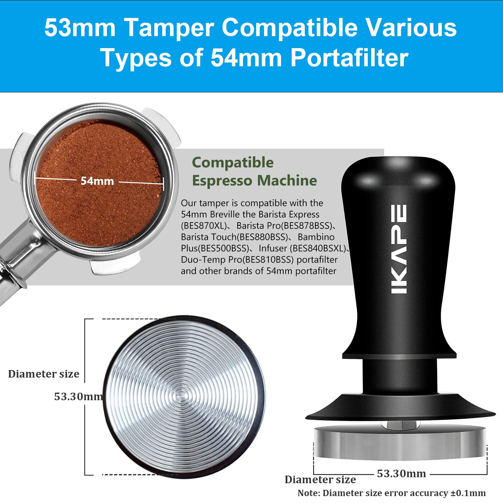IKAPE calibrated spring loaded tamper provides consistent pressure for balanced extraction