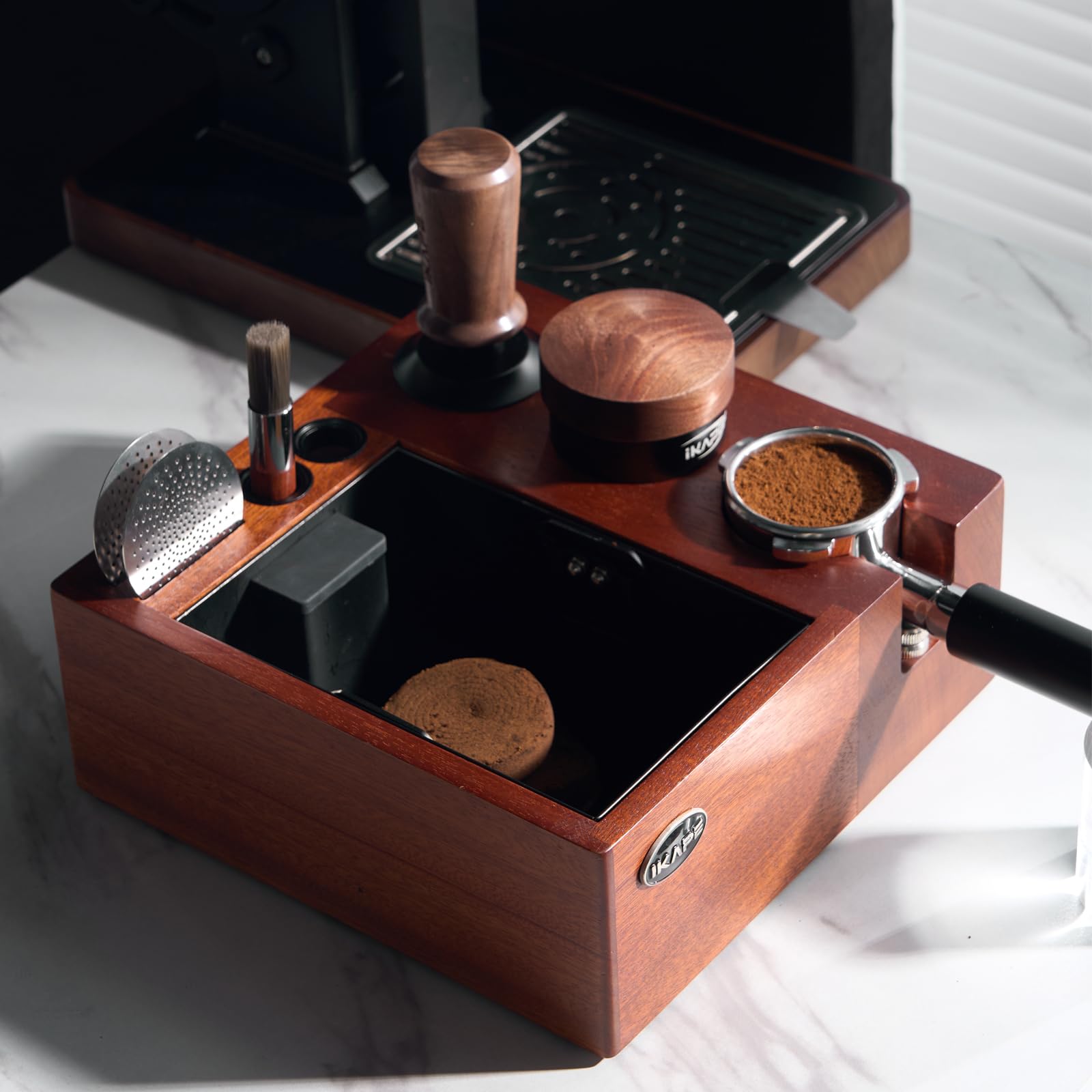 IKAPE V2 knock box natural walnut base adds warmth and durability