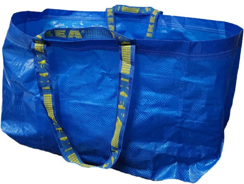 IKEA FRAKTA large blue carrier bag folded for compact storage and versatile waste sorting.