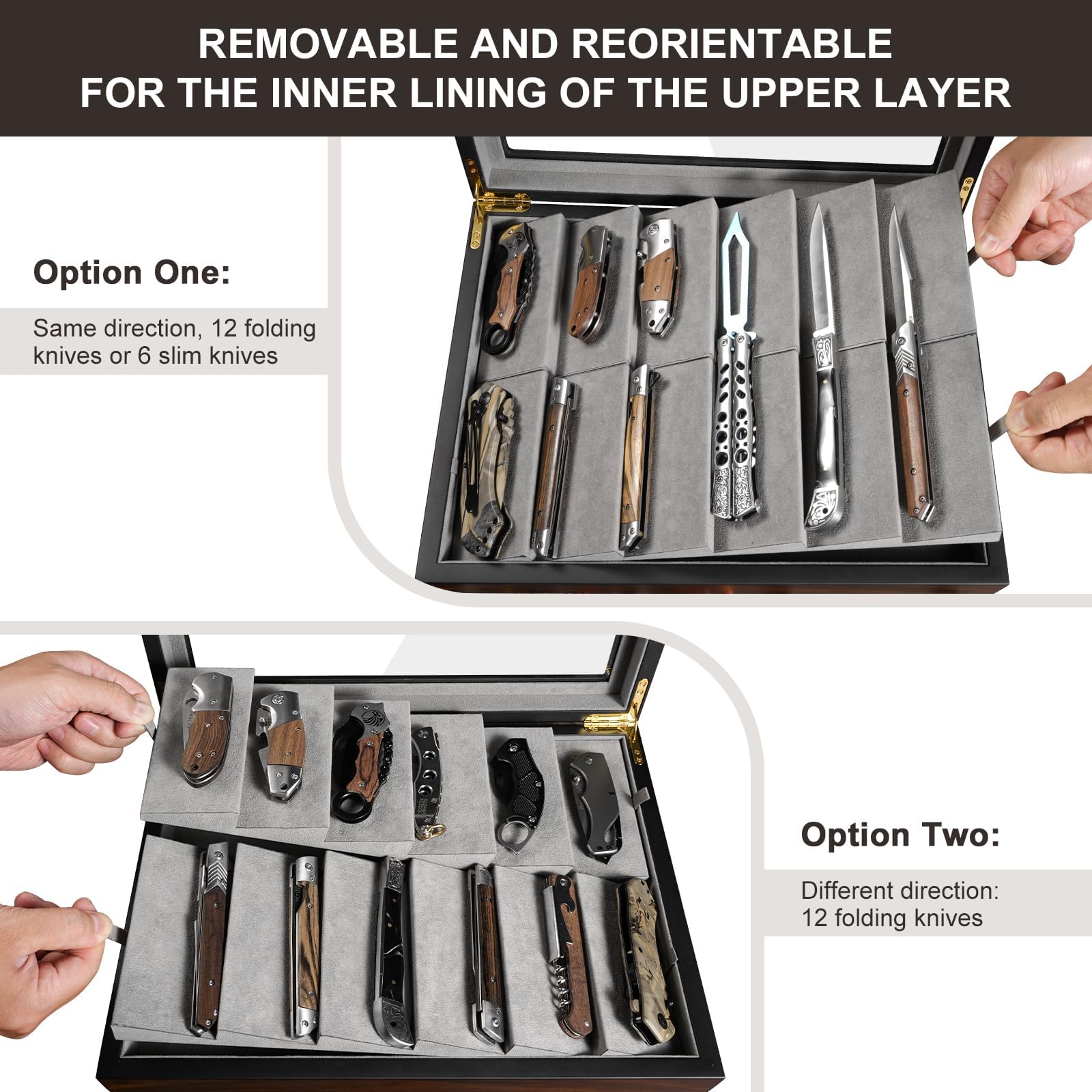 Ikkle Walnut two-tier knife display case-drawer front highlights integrated storage