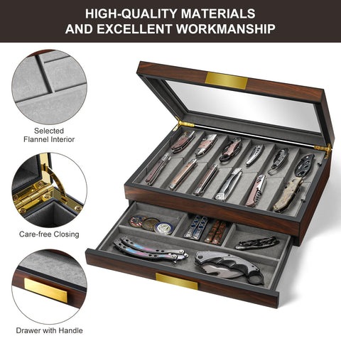 Ikkle Walnut display case with grid layout organizes knives neatly