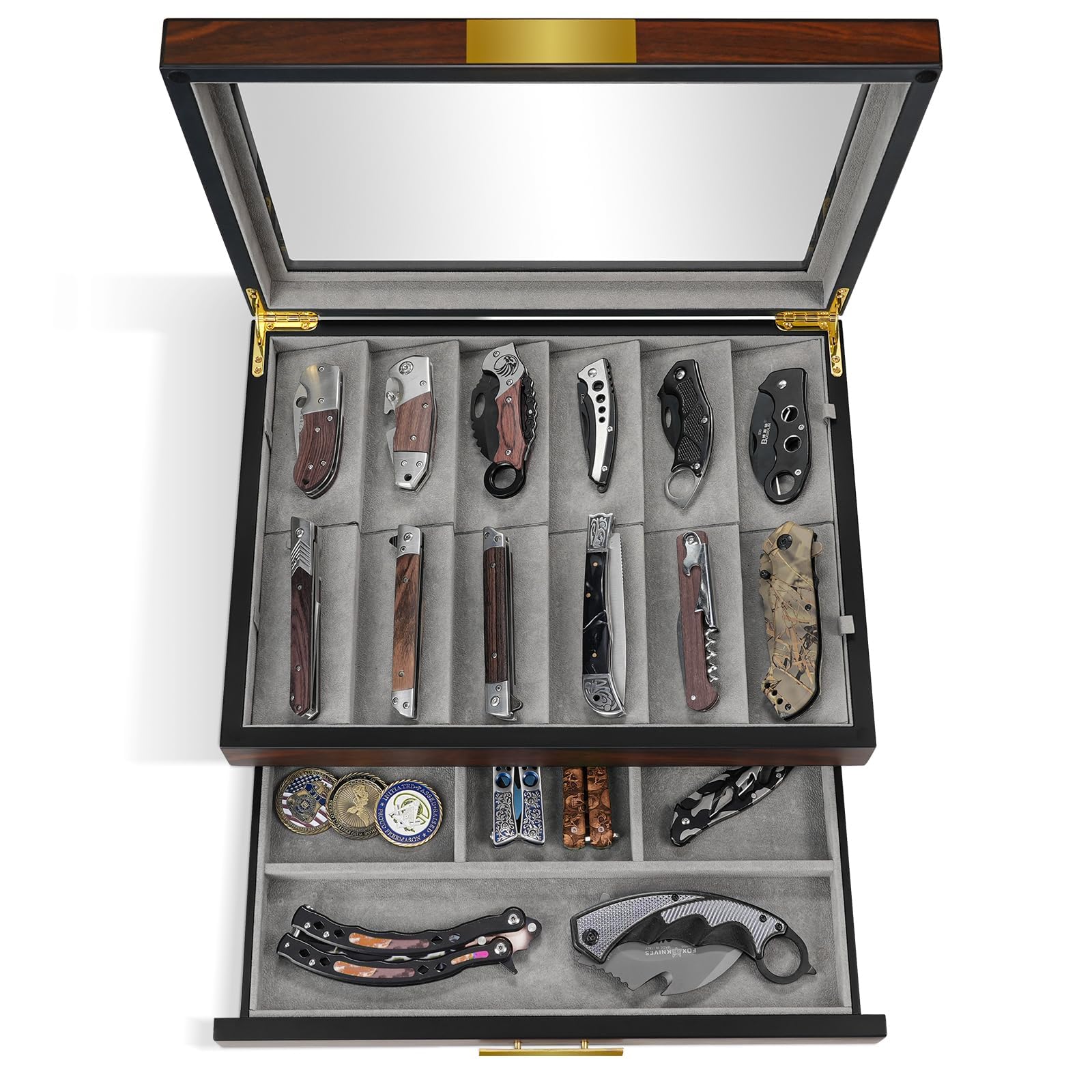 Ikkle Walnut two-tier knife display case with top glass lid shows collection and dust protection