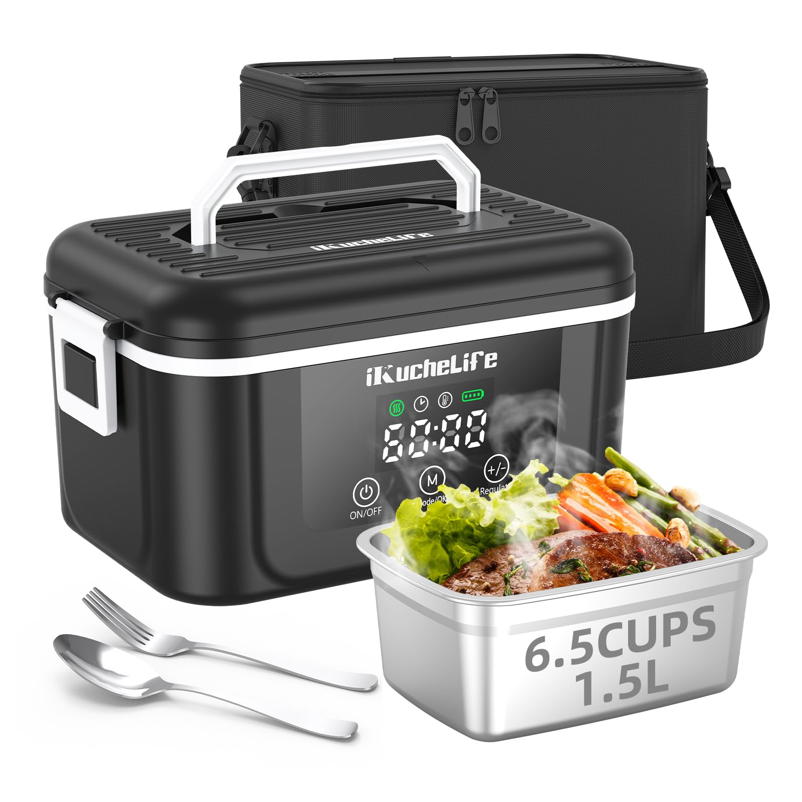 ikuchelife heated lunch box showing battery indicator for on-the-go meals