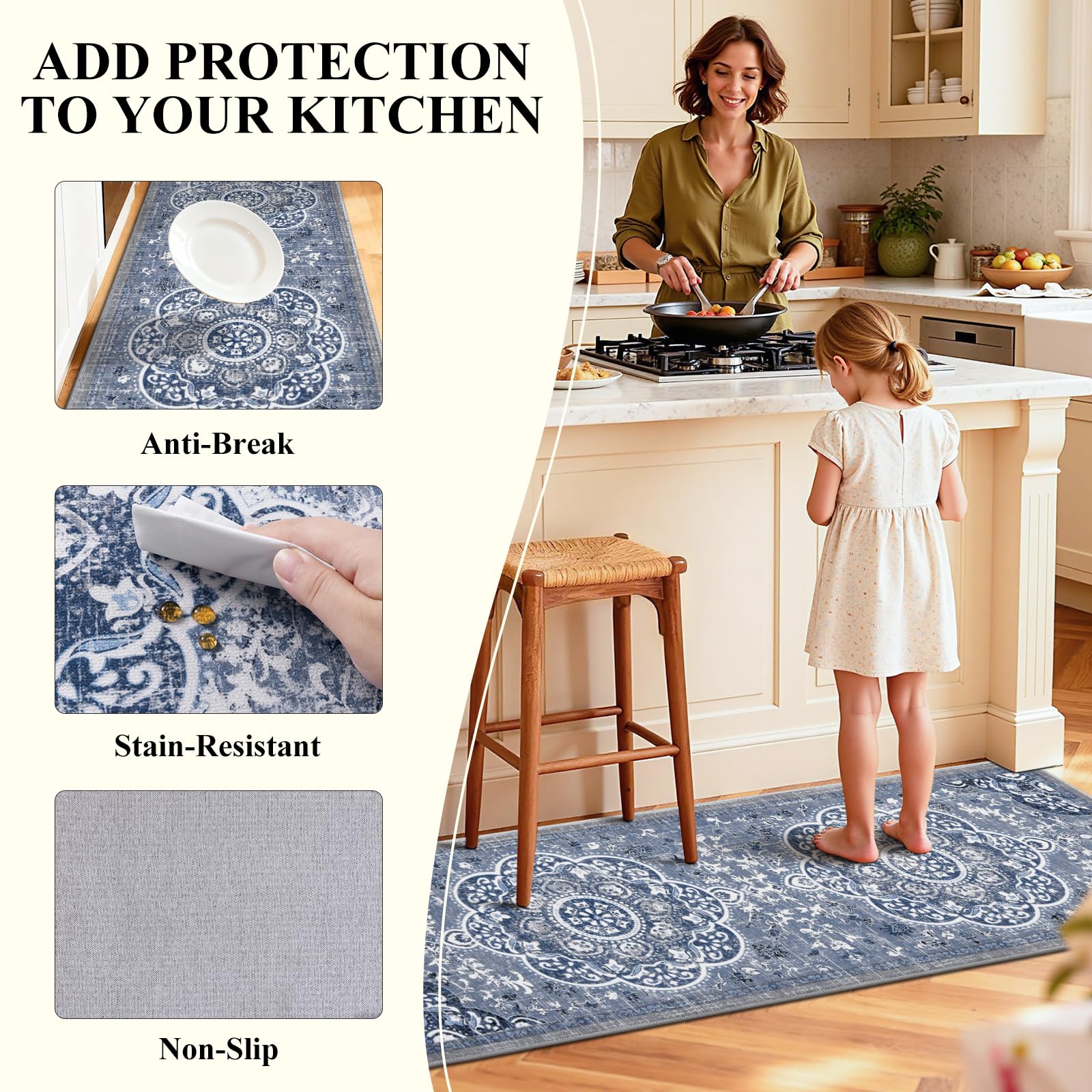 Closeup view of Ileading floral pattern on kitchen rug