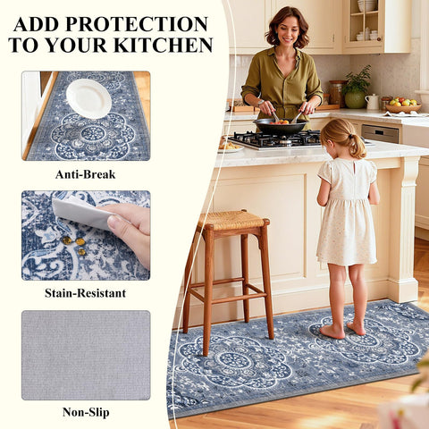 Closeup view of Ileading floral pattern on kitchen rug