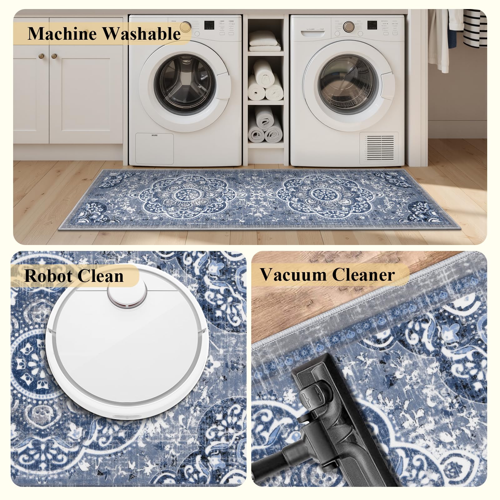 Ileading rug in laundry area adds decorative yet functional flair