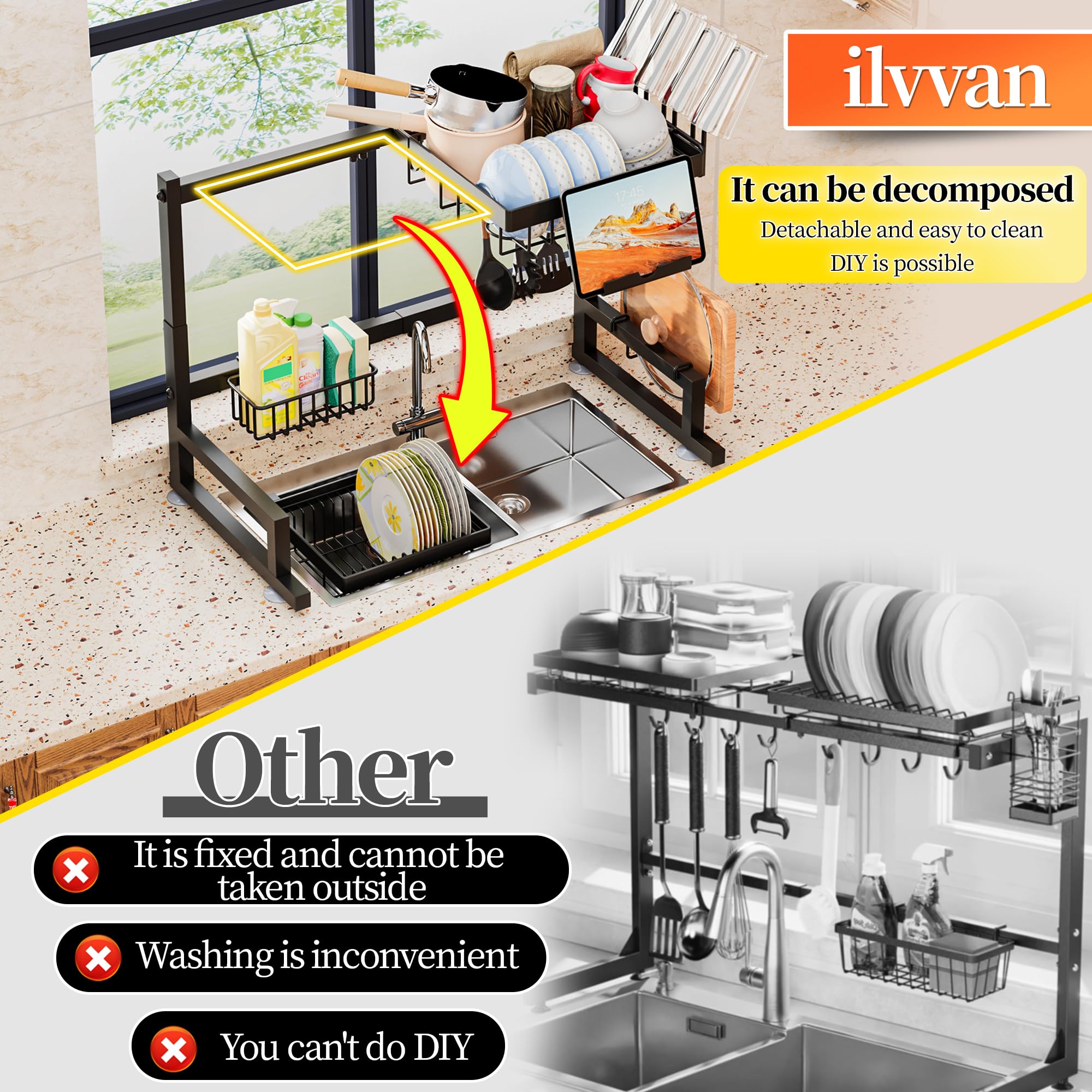 ilvvan large-capacity drainer holds plates, bowls, and utensils neatly