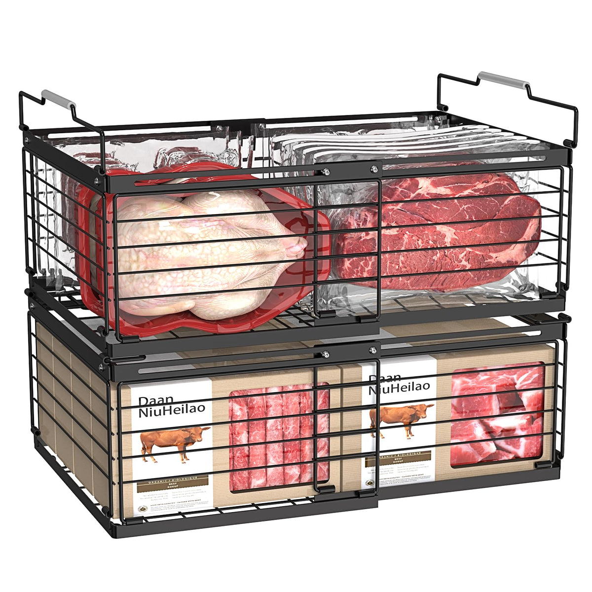 NADAMOO Freezer Organizer Bins – 2-Pack Large Expandable, Stackable Chest Freezer Baskets with Handles