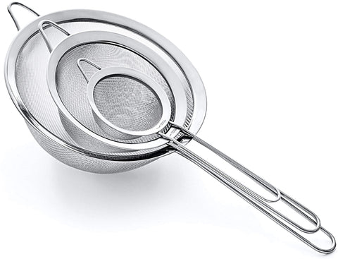 Proto Future Strainer Set Fine Mesh – Premium 304 Stainless Steel (18/8) – 8″, 5.5″ and 3.3″ Sturdy Kitchen Strainers (Silver)