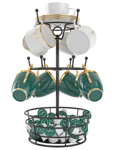 ASTLIHO 360° Rotating Coffee Mug Holder - Metal 3 Tier Mug Tree Rack Cup Holder for Countertop with 10 Hooks, Coffee Pods Holder for Bar Organizer Kitchen Counter - Black