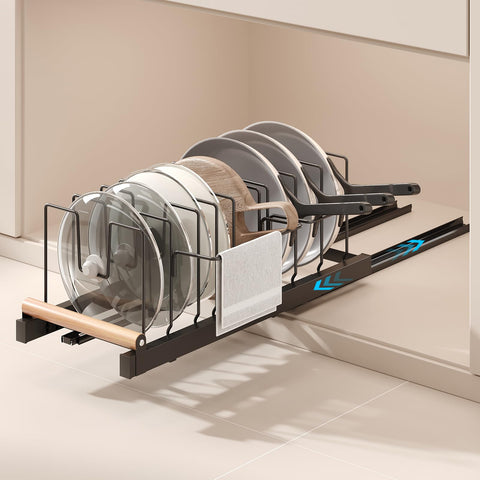 Magheo Pull-Out Pots & Pans Organizer - 22-inch Deep, Under-Cabinet, Expandable with 10 Adjustable Dividers