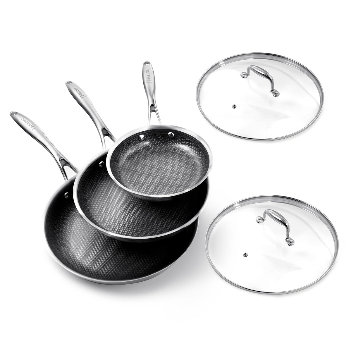DELUXE Hybrid Ceramic Nonstick 5-Piece Fry Pan Set,8,10,12 Inch Frying Pans with Tempered Glass Lids,Stay-Cool Handles, Dishwasher Safe, Works on All Stovetops (Induction, Gas, Electric)