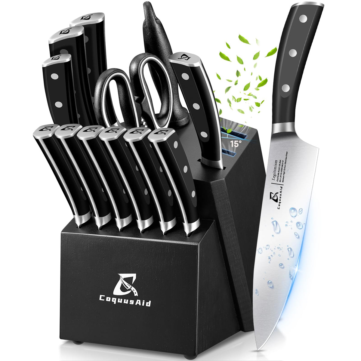 Knife Set, Kitchen Knife Block Sets with Sharpener, 6 Steak Knife Set Serrated with Block, 15 PCS Forged German Stainless Steel Rust Proof Knives, Dishwasher Safe Black, New Beveled Design