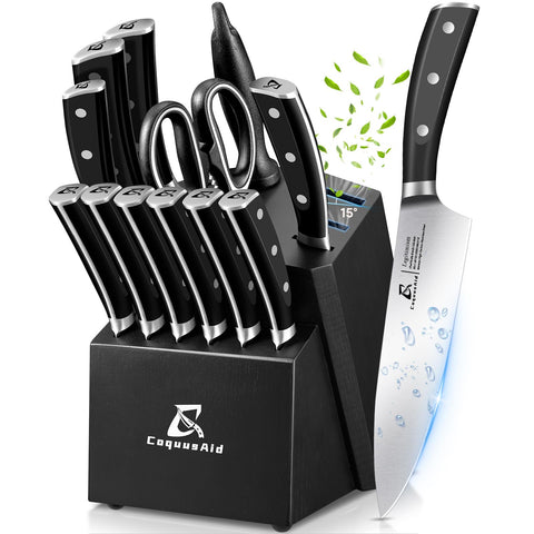 Knife Set, Kitchen Knife Block Sets with Sharpener, 6 Steak Knife Set Serrated with Block, 15 PCS Forged German Stainless Steel Rust Proof Knives, Dishwasher Safe Black, New Beveled Design