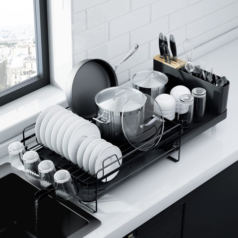 Kitsure large dish drying rack extended on counter for flexible fit.