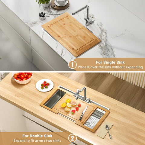 DAOYOUSKY Bamboo Expandable Over The Sink Cutting Board with Juice Groove for kitchen, Wooden Kitchen Sink Cover Chooping Board for Counter Space