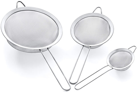 Proto Future Strainer Set Fine Mesh – Premium 304 Stainless Steel (18/8) – 8″, 5.5″ and 3.3″ Sturdy Kitchen Strainers (Silver)