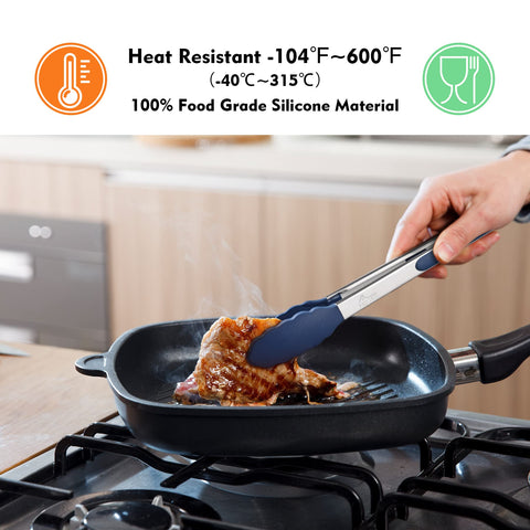 HOTEC Premium Stainless Steel Locking Kitchen Tongs with Silicon Tips, Set of 3-7", 9" and 12" (Gradient Blue)