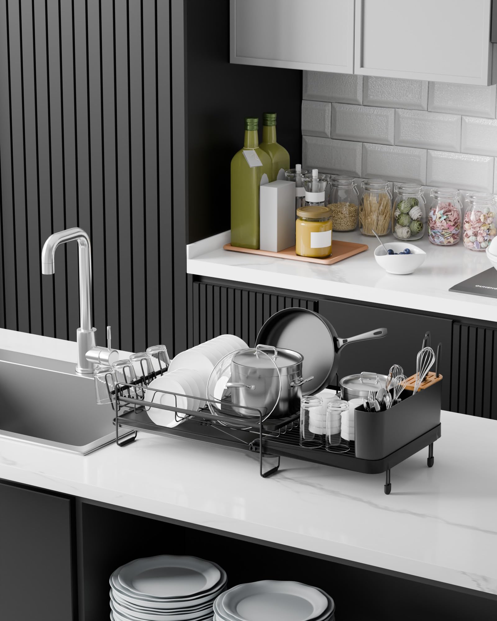 Kitsure dish drainer shown with easy-install setup beside sink.