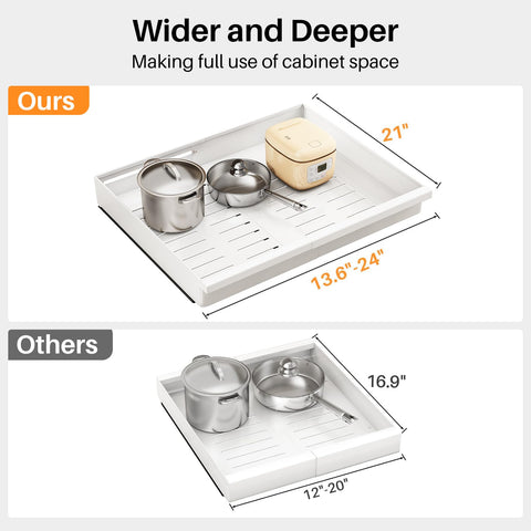 Pull out Cabinet Organizer, 2-Pack Expandable(13.6"-24") Silde out Drawers with Raising Pad for Framed Cabinets, Adjustable Full-Extension Adhesive Roll out Shelves for Kitchen Pantry Home Pot and Pan