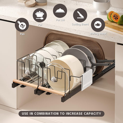 Magheo Pull-Out Pots & Pans Organizer - 22-inch Deep, Under-Cabinet, Expandable with 10 Adjustable Dividers