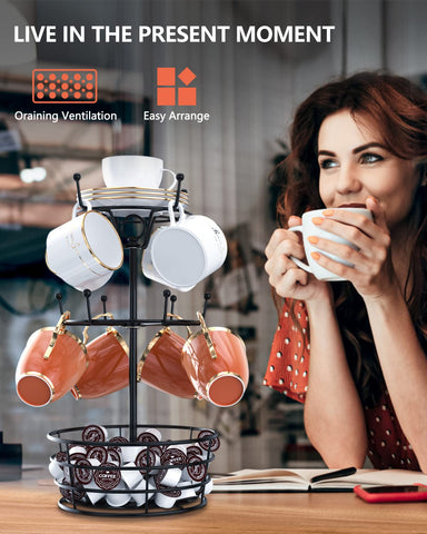 ASTLIHO 360° Rotating Coffee Mug Holder - Metal 3 Tier Mug Tree Rack Cup Holder for Countertop with 10 Hooks, Coffee Pods Holder for Bar Organizer Kitchen Counter - Black