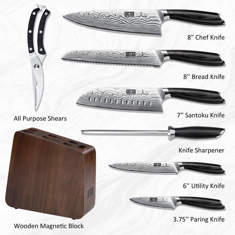 HOSHANHO 8 Pieces Knife Set with Magnetic Block, Ultra Sharp Powder Steel Knife Block Set, Professional Chef Knife Sets with Ergonomic Handle & Knife Sharpener
