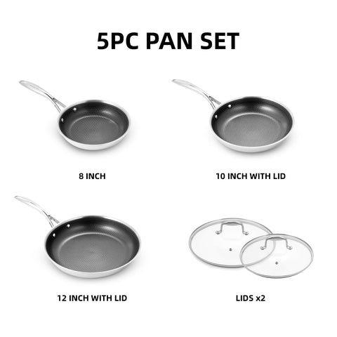 DELUXE Hybrid Ceramic Nonstick 5-Piece Fry Pan Set,8,10,12 Inch Frying Pans with Tempered Glass Lids,Stay-Cool Handles, Dishwasher Safe, Works on All Stovetops (Induction, Gas, Electric)