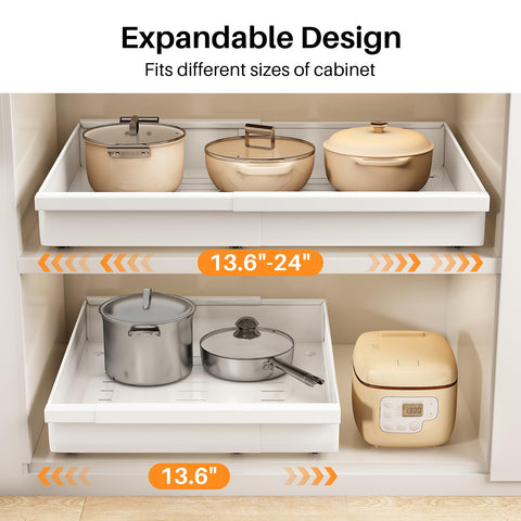 Pull out Cabinet Organizer, 2-Pack Expandable(13.6"-24") Silde out Drawers with Raising Pad for Framed Cabinets, Adjustable Full-Extension Adhesive Roll out Shelves for Kitchen Pantry Home Pot and Pan