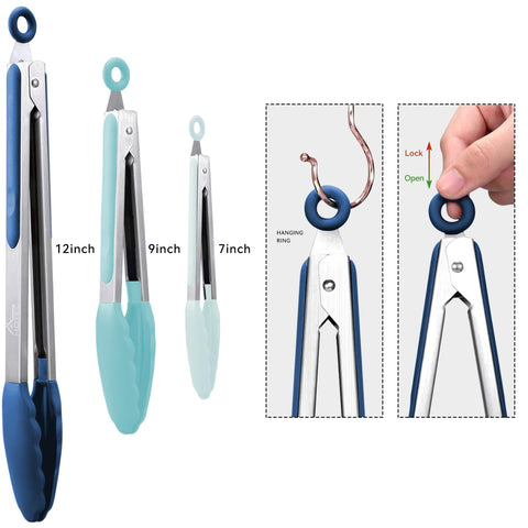 HOTEC Premium Stainless Steel Locking Kitchen Tongs with Silicon Tips, Set of 3-7", 9" and 12" (Gradient Blue)