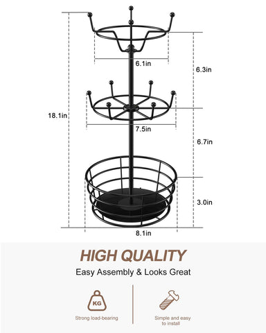 ASTLIHO 360° Rotating Coffee Mug Holder - Metal 3 Tier Mug Tree Rack Cup Holder for Countertop with 10 Hooks, Coffee Pods Holder for Bar Organizer Kitchen Counter - Black