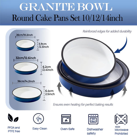 3-Pack Enamel Roasting & Baking Pan Set 10/12/14 Inch Round Deep Cake Pans for Turkey Pizza Casseroles Desserts Oven & Dishwasher High Temperature Resistance Baking Dishes Gifts for Mom Wife Christmas