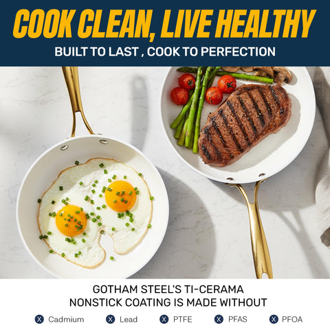 Gotham Steel 12 Pc Ceramic Cookware Set Nonstick, Ceramic Pots and Pans Set Non Stick with Steamer for Cooking, Non Toxic PFOA PFOS Free, Premium Stay Cool Handles, Oven & Dishwasher Safe