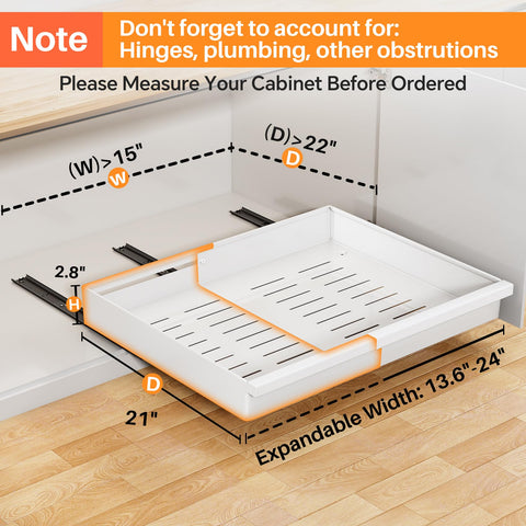 Pull out Cabinet Organizer, 2-Pack Expandable(13.6"-24") Silde out Drawers with Raising Pad for Framed Cabinets, Adjustable Full-Extension Adhesive Roll out Shelves for Kitchen Pantry Home Pot and Pan