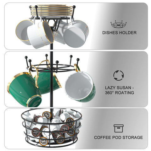 ASTLIHO 360° Rotating Coffee Mug Holder - Metal 3 Tier Mug Tree Rack Cup Holder for Countertop with 10 Hooks, Coffee Pods Holder for Bar Organizer Kitchen Counter - Black
