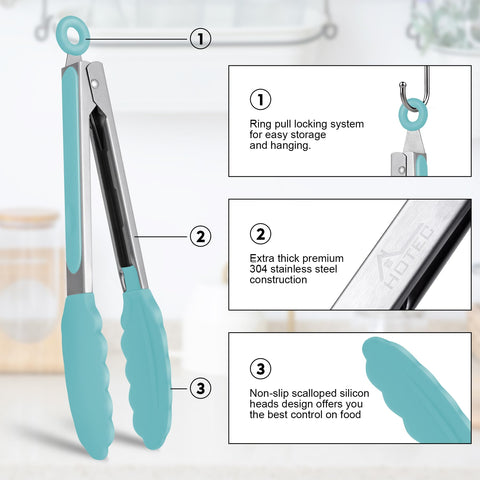 HOTEC Premium Stainless Steel Locking Kitchen Tongs with Silicon Tips, Set of 3-7", 9" and 12" (Gradient Blue)