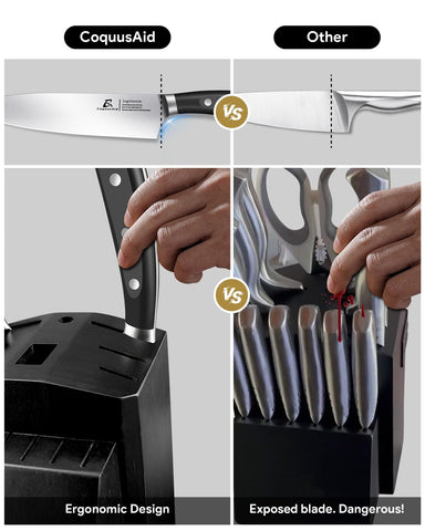 Knife Set, Kitchen Knife Block Sets with Sharpener, 6 Steak Knife Set Serrated with Block, 15 PCS Forged German Stainless Steel Rust Proof Knives, Dishwasher Safe Black, New Beveled Design