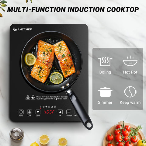 AMZCHEF Portable Induction Cooktop 20 Temperature & Power Levels, 1800W Induction Stove Burner with 6.8" Heating Coil, Low Noise Hot Plate Single Electric Cooktops Countertop Stove with Timer