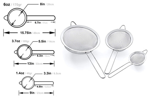 Proto Future Strainer Set Fine Mesh – Premium 304 Stainless Steel (18/8) – 8″, 5.5″ and 3.3″ Sturdy Kitchen Strainers (Silver)